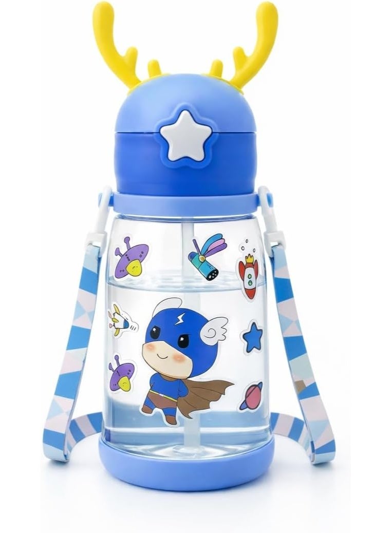 قارورة مياه للاطفال بلاستيكية بطباعة كرتونية وبقرن غزال كبير، محمولة مضادة للسقوط مع شفاطة وحزام تستخدم في الانشطة الخارجية والتخييم - Image 2